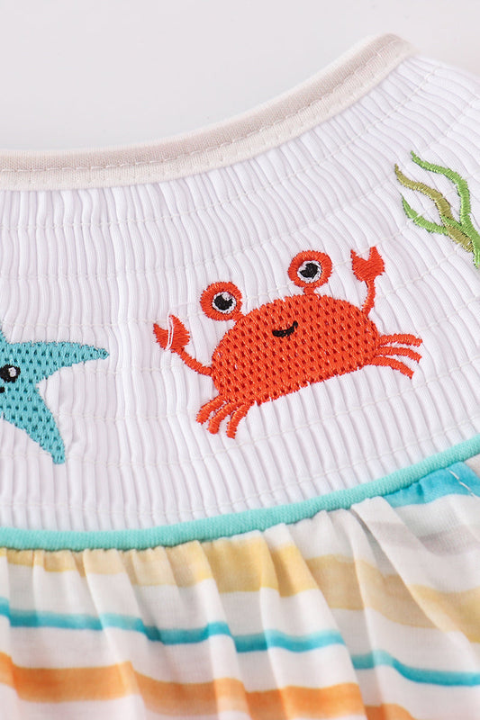 Rainbow stripe marine creature embroidery smocked bubble