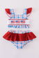 Flag embroidery smocked plaid 2pc swimsuit UPF50+