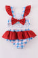Flag embroidery smocked plaid 2pc swimsuit UPF50+