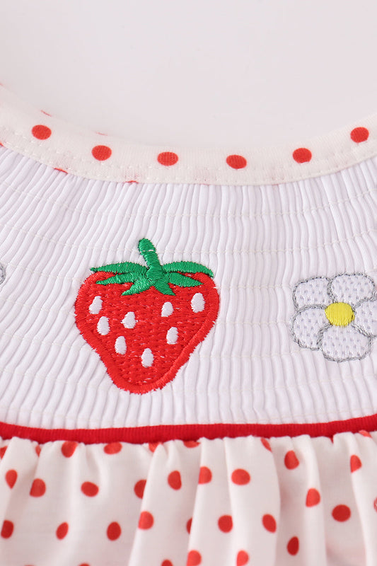 Red dot strawberry embroidery smocked shorts set