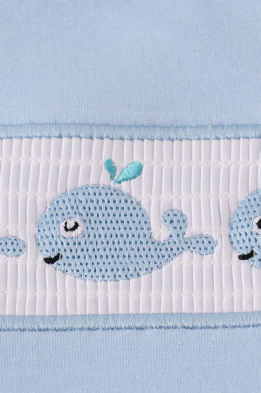 Blue whale embroidery smocked shorts set