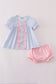 Blue bow embroidery gingham ruffle bloomer set
