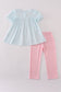 Blue bow embroidery gingham ruffle pants set