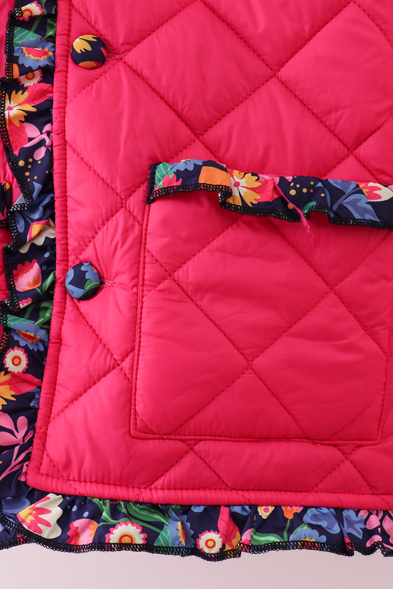 Magenta print ruffle quilted jacket