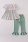 Green floral pumpkin embroidery smocked ruffle pants set