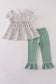 Green floral pumpkin embroidery smocked ruffle pants set