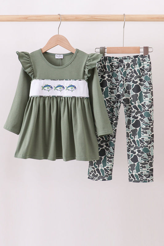Camouflage fish embroidery ruffle pants set