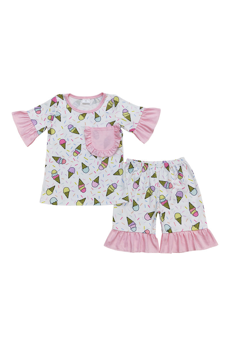 Pink ice cream print ruffle lounge set