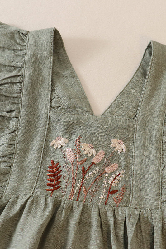 Sage linen floral embroidery ruffle bubble