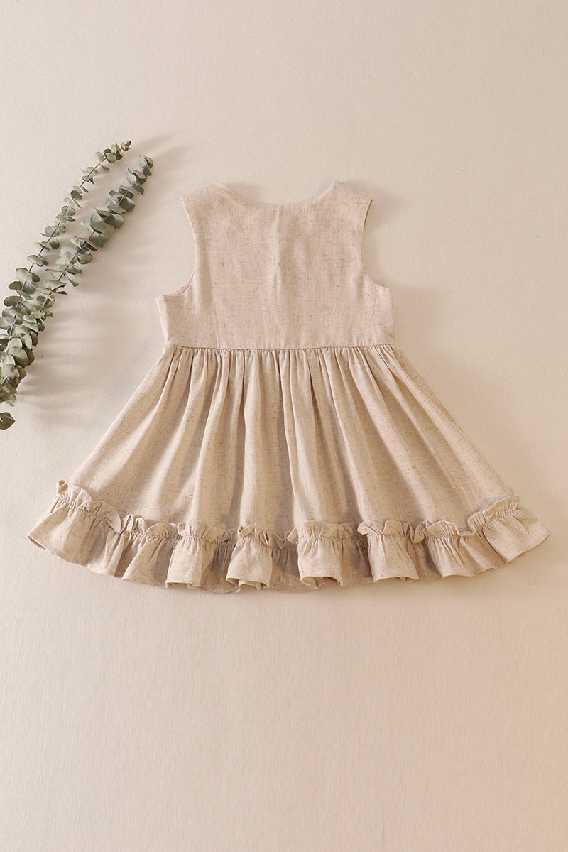 Beige ruffle button linen dress