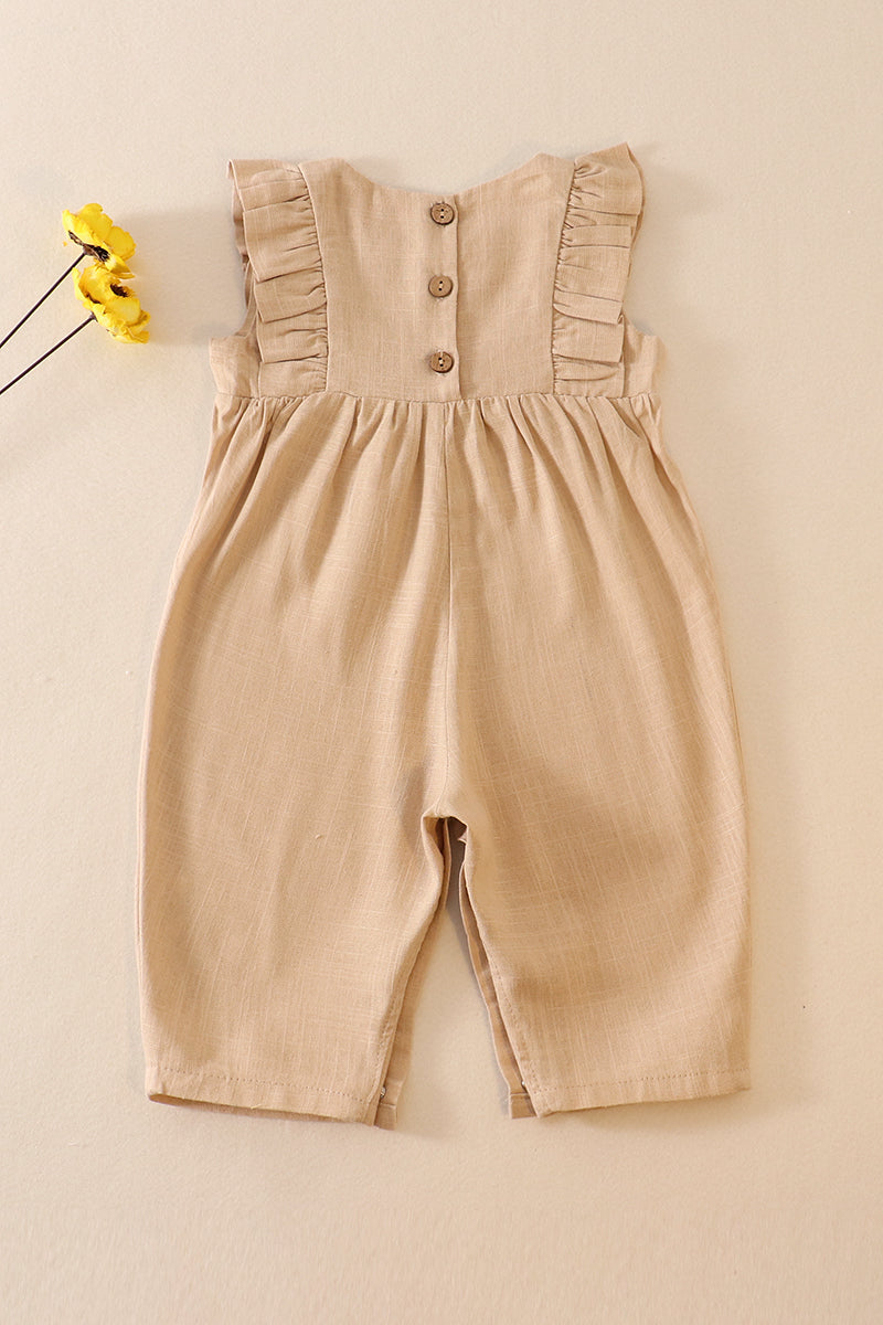 Khaki linen ruffle girl romper