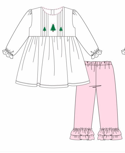 Premium white christmas tree embroidery ruffle pants set