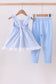 Premium blue snowman embroidery gingham ruffle pants set