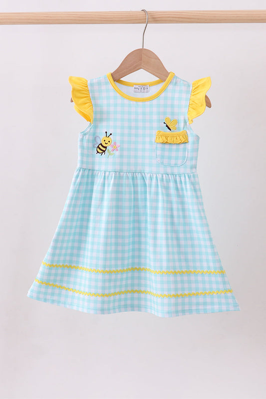 Blue gingham  butterfly & bee pocket flutter dress