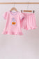 Pink ghost pumpkin embroidery ruffle shorts set