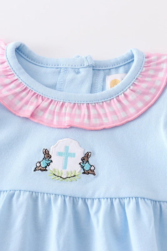 Premium Blue easter cross embroidery ruffle girl bubble