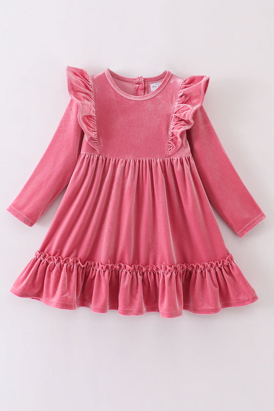 Premium Pink velvet ruffle dress