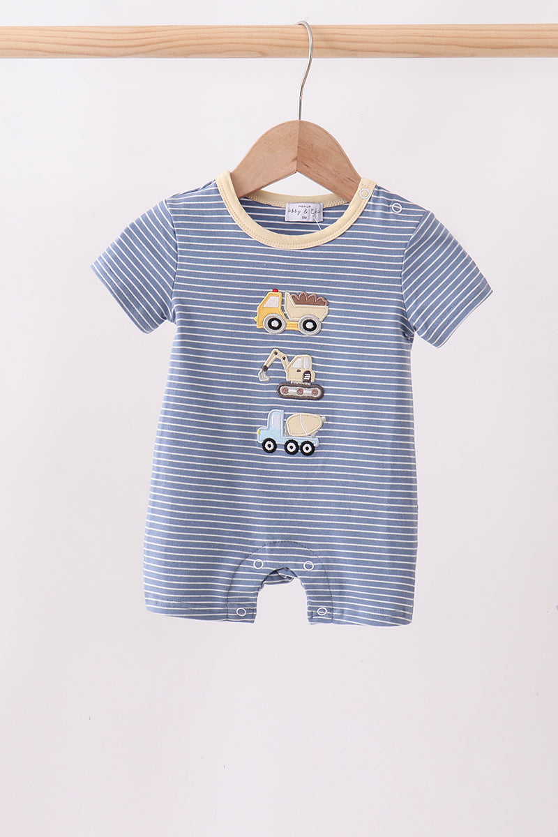 Blue stripe truck embroidery romper