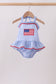 Blue flag applique gingham ruffle one-piece swimsuit