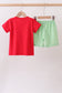 Red watermelon embroidery shorts set