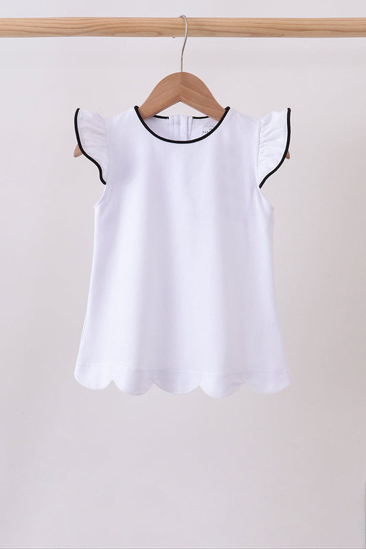 Snow white flutter sleeve scalloped top