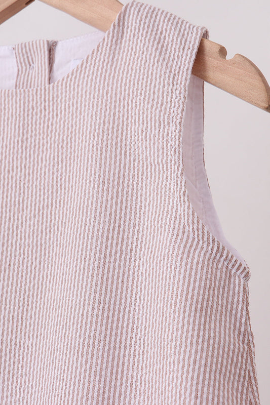 Khaki Seersucker Stripe Scalloped Dress