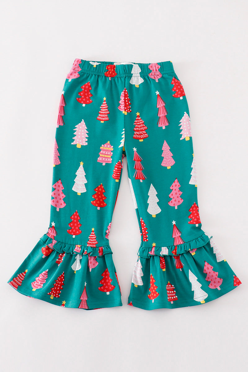 Platinum Green christmas tree print ruffle pants