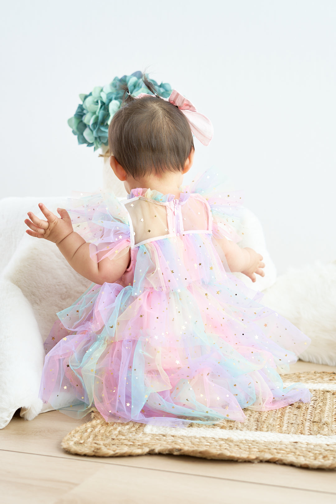 Rainbow star tiered ruffle tulle dress