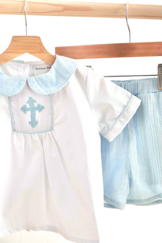 Blue easter cross hand-smocked boy set