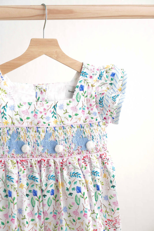 Floral easter bunny hand-smocked dress