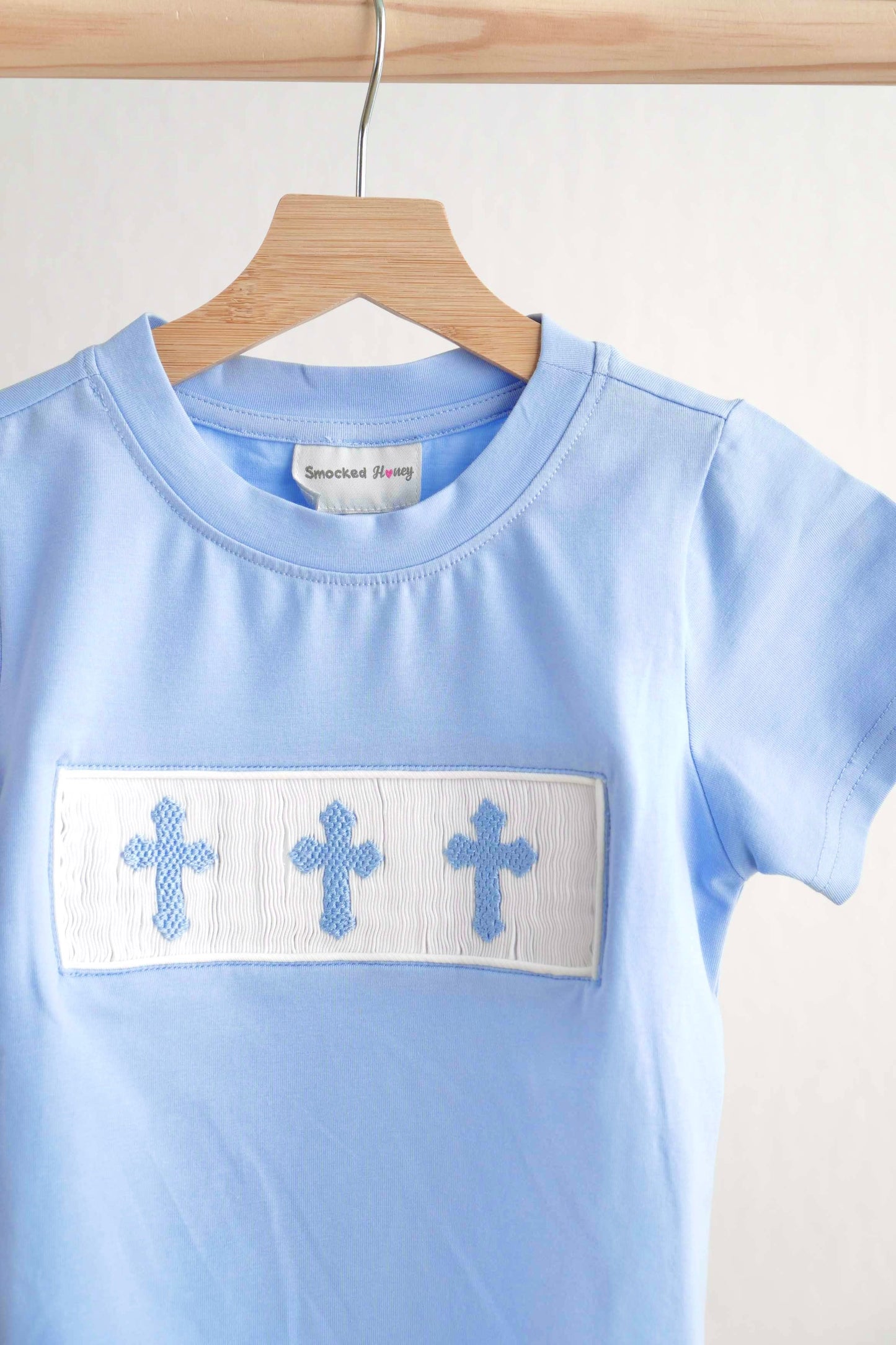 Blue easter cross hand-smokced boy top