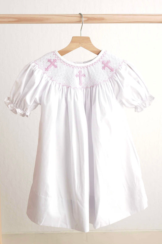 Pink easter cross hand-smocked girl dress