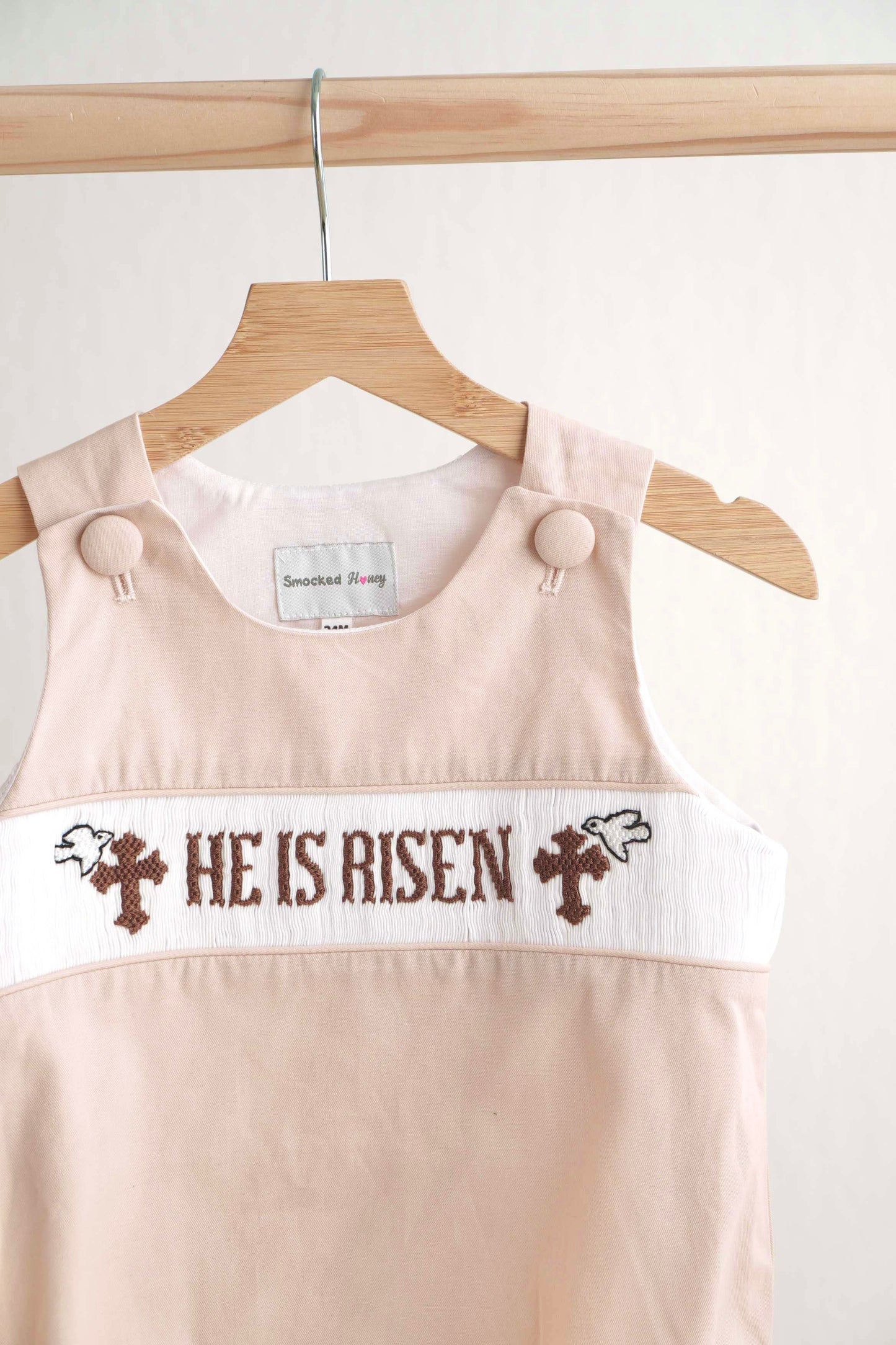 Khaki he is risen hand-smocked boy bubble