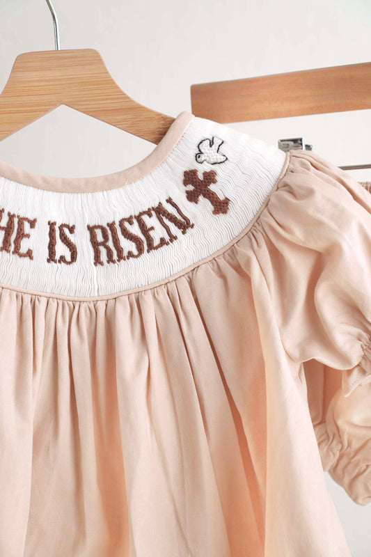 Khaki he is risen hand-smocked girl bloomer set