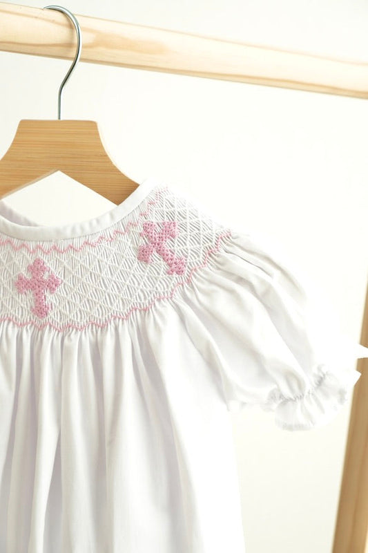 Pink easter cross hand-smocked girl bubble