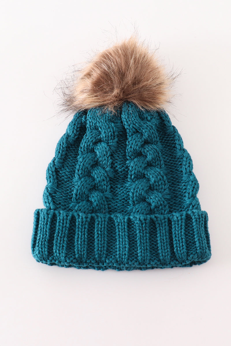 Teal pompom cable beanie