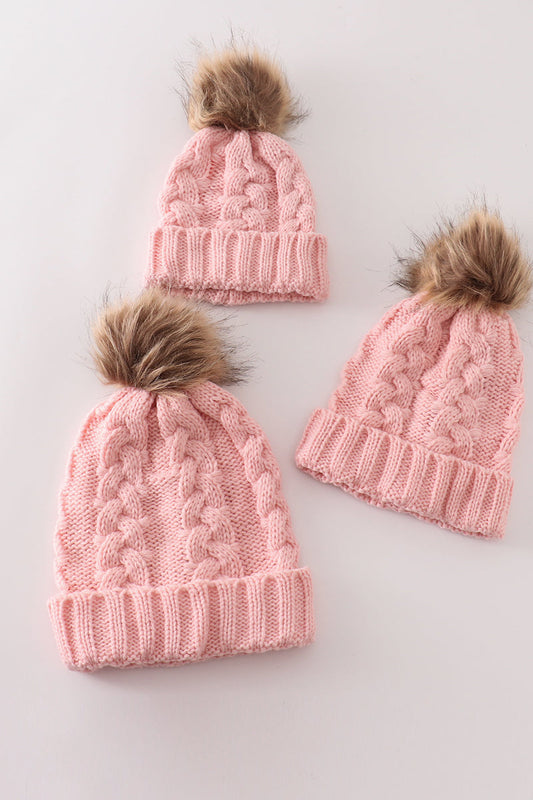 Pink pompom cable beanie