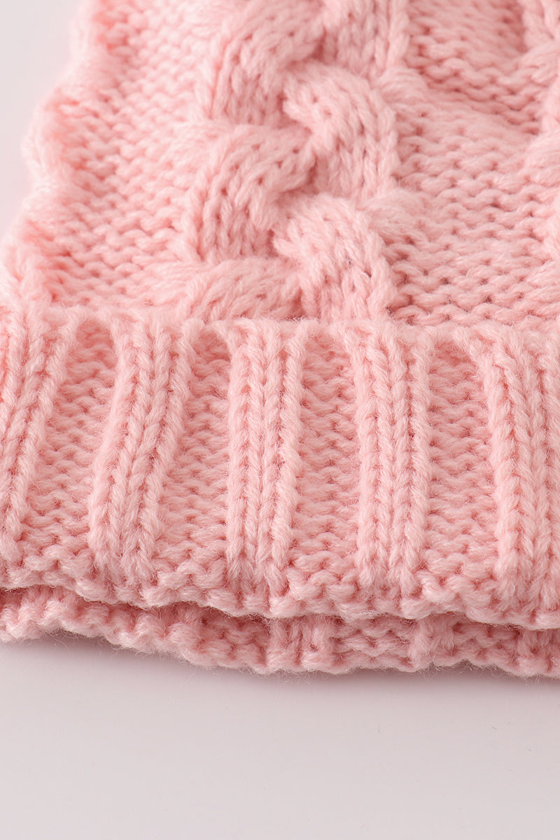 Pink pompom cable beanie