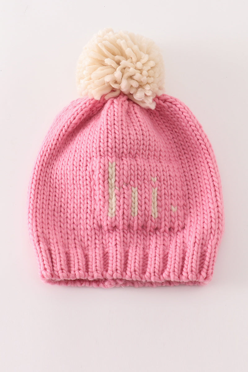 Pink pompom hi cable beanie