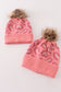 Pink pompom leopard cable beanie