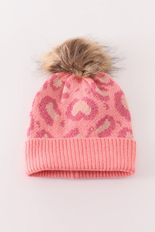 Pink pompom leopard cable beanie