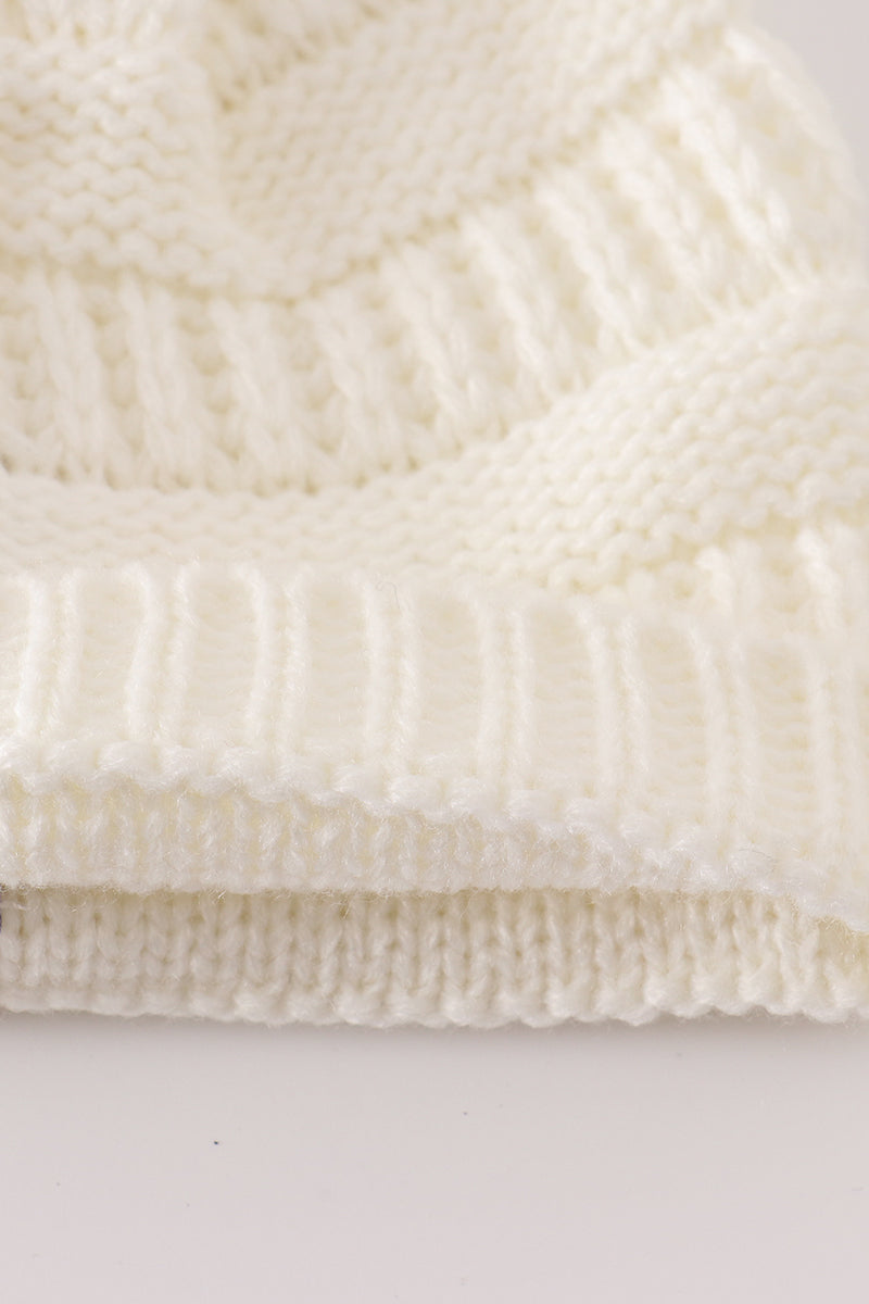 Ivory pompom cable beanie