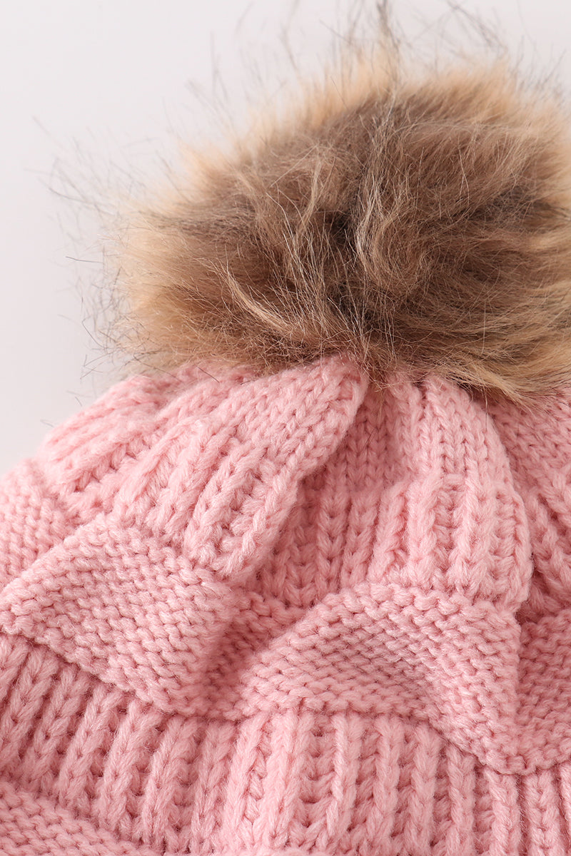 Pink pompom cable beanie