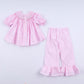 Pink christmas tree hand smocked ruffle pants set