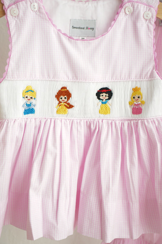 Pink princess hand smocked plaid ruffle pants set