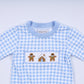 Blue gingerbread hand smocked gingham romper