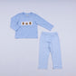 Blue gingerbread hand smocked gingham pants set