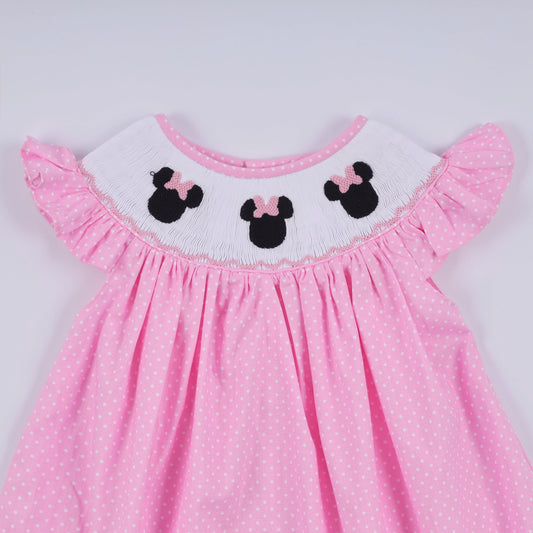 Pink character hand smocked dot ruffle dress