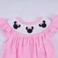 Pink character hand smocked dot ruffle bubble