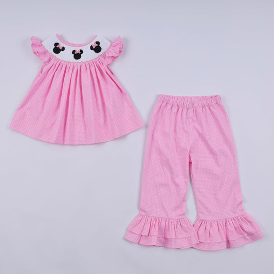 Pink character hand smocked dot ruffle pants set
